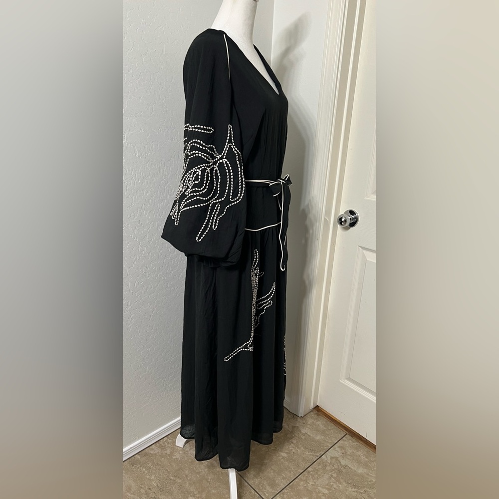 NEW CIEBON Eliza Embroidered A-Line Dress Black 3/4 Sleeve L - Picture 7 of 13